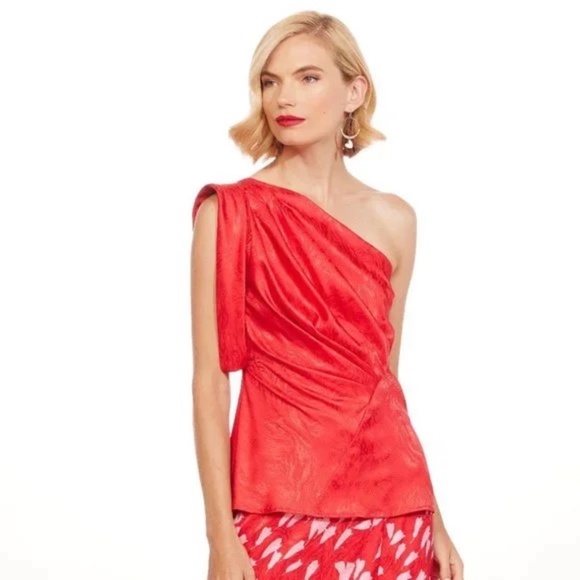 NWOT Eva Franco Daphne One Shoulder Plaid Glittered Ruched Top Size 2 - Picture 15 of 16